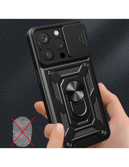Šarvuotas dėklas su stovu ir fotoaparato dangteliu iPhone 15 Pro Hybrid Armor Camshield - rožinis Šarvuotas dėklas su stovu ir fotoaparato dangteliu iPhone 15 Pro Hybrid Armor Camshield - rožinis