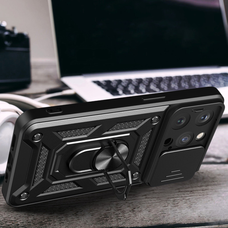 Šarvuotas dėklas su stovu ir fotoaparato dangteliu iPhone 15 Pro Hybrid Armor Camshield - rožinis