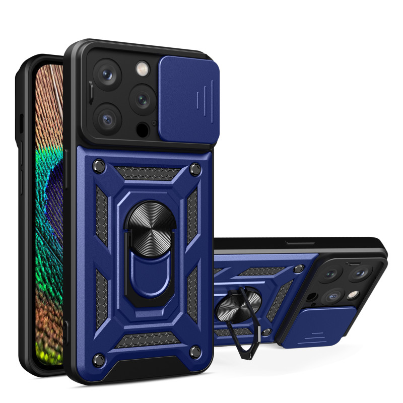 Šarvuotas dėklas su stovu ir kameros dangteliu iPhone 15 Pro Hybrid Armor Camshield - mėlynas
