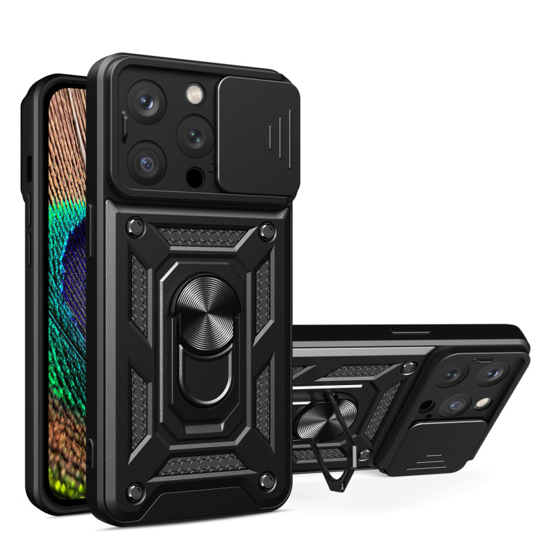 Šarvuotas dėklas su stovu ir kameros dangteliu iPhone 15 Pro Hybrid Armor Camshield - juodas