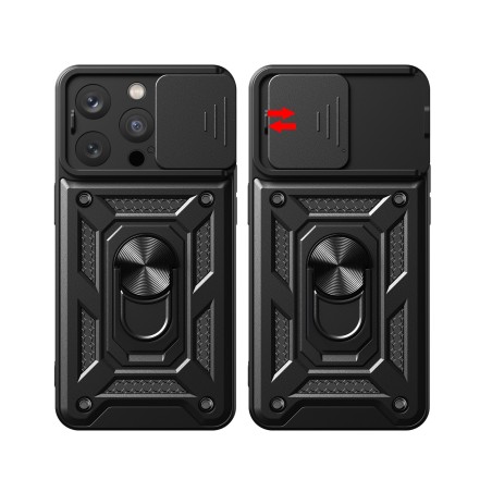 Šarvuotas dėklas su stovu ir kameros dangteliu iPhone 15 Pro Hybrid Armor Camshield - juodas Šarvuotas dėklas su stovu ir kameros dangteliu iPhone 15 Pro Hybrid Armor Camshield - juodas