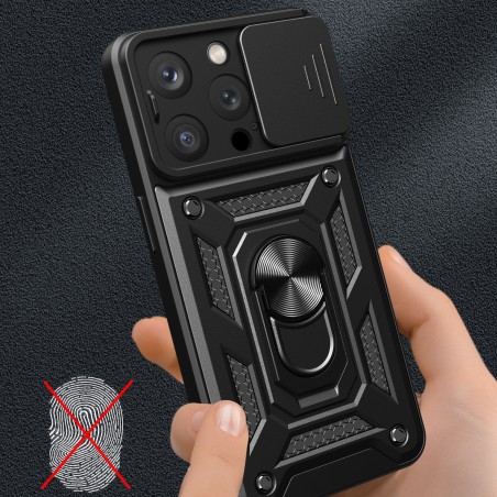 Šarvuotas dėklas su stovu ir kameros dangteliu iPhone 15 Pro Hybrid Armor Camshield - juodas Šarvuotas dėklas su stovu ir kameros dangteliu iPhone 15 Pro Hybrid Armor Camshield - juodas