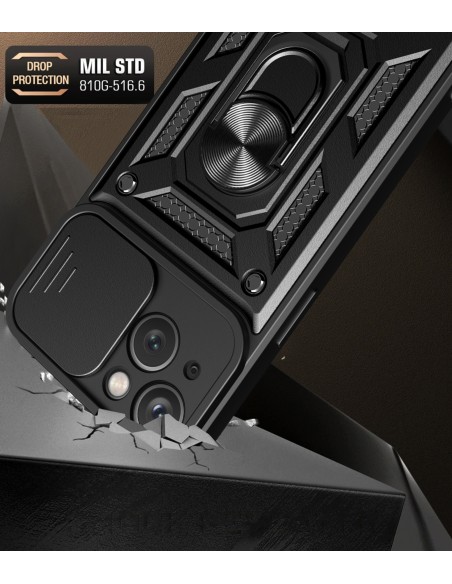 Šarvuotas dėklas su stovu ir kameros dangteliu iPhone 15 Plus Hybrid Armor Camshield - mėlynas Šarvuotas dėklas su stovu ir kameros dangteliu iPhone 15 Plus Hybrid Armor Camshield - mėlynas