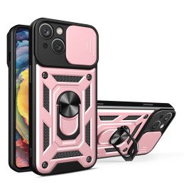 Hybrid Armor Camshield šarvuotas dėklas su stovu ir kameros dangteliu iPhone 15 - rožinis