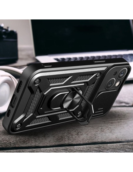 Hybrid Armor Camshield dėklas su stovu ir kameros dangteliu iPhone 15 - juodas