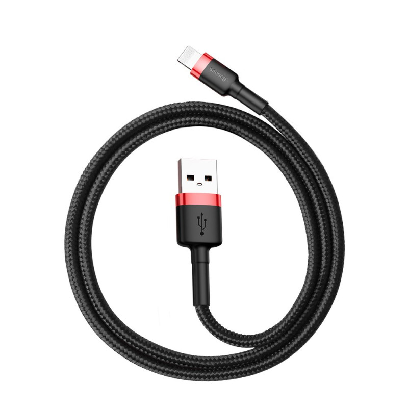 Patvarus lankstus kabelis USB laidas iPhone Lightning QC3.0 2.4A 0.5M juoda ir raudona