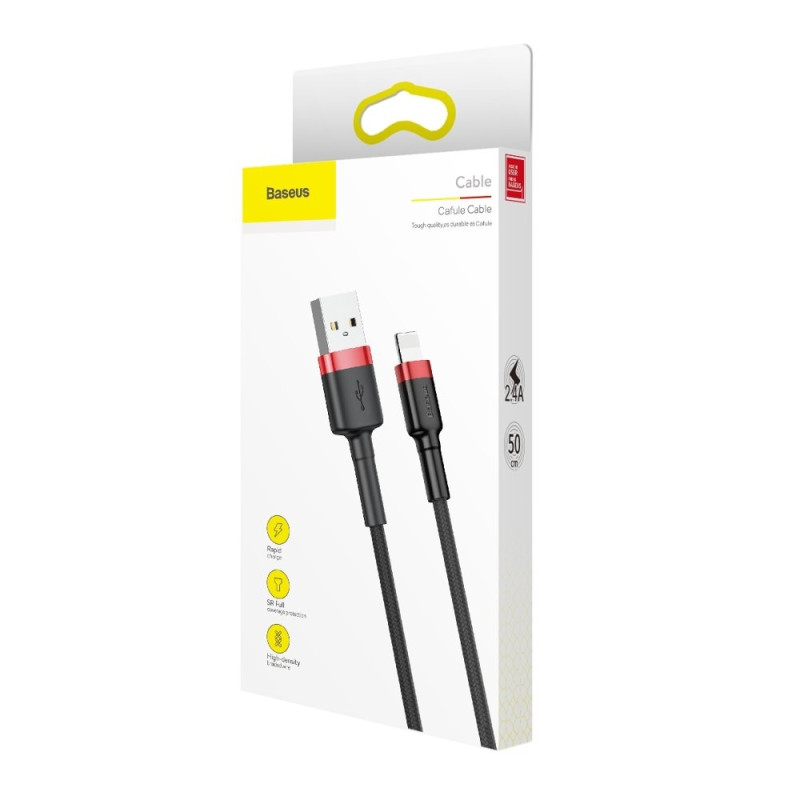 Patvarus lankstus kabelis USB laidas iPhone Lightning QC3.0 2.4A 0.5M juoda ir raudona
