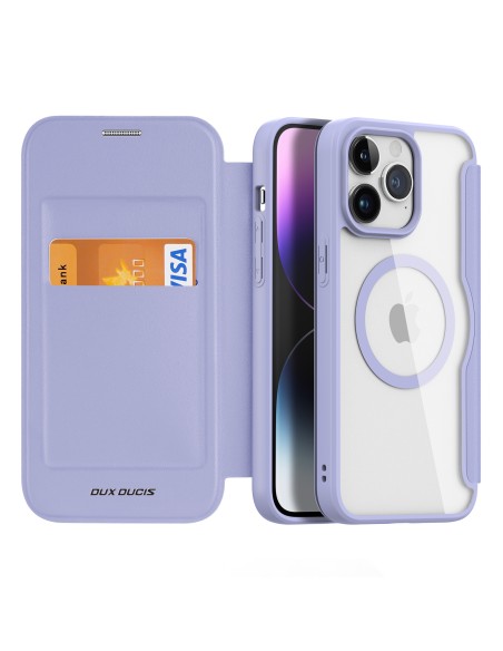 iPhone 15 Pro dėklo magnetinis MagSafe dangtelis su atvartu Dux Ducis Skin X Pro - violetinė