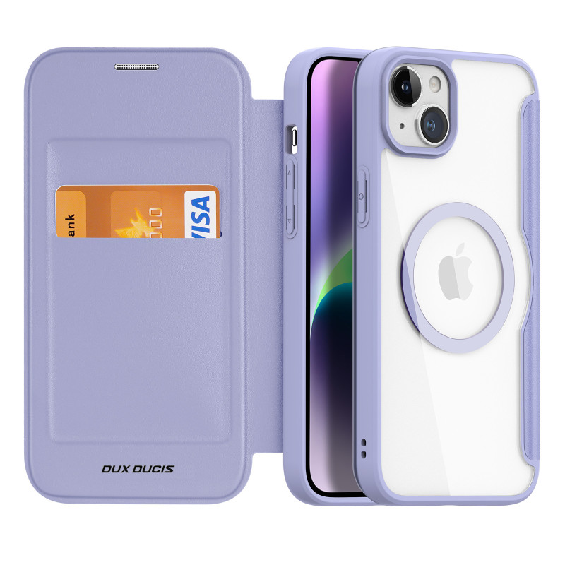 Dux Ducis Skin X Pro magnetinis atverčiamas dėklas su MagSafe iPhone 15 - violetinė