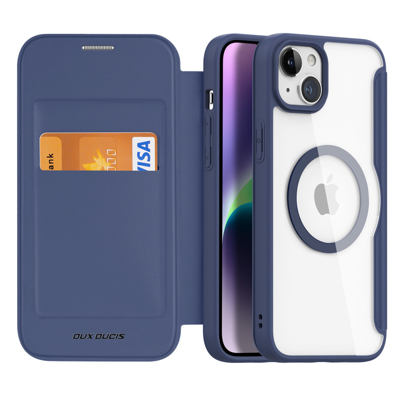 Dux Ducis Skin X Pro magnetinis atverčiamas dėklas su MagSafe, skirtas iPhone 15 – mėlynas