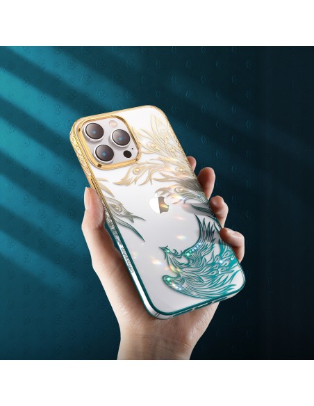 Prabangus iPhone 14 dėklas su Kingxbar Phoenix kristalais – aukso ir mėlynos spalvos