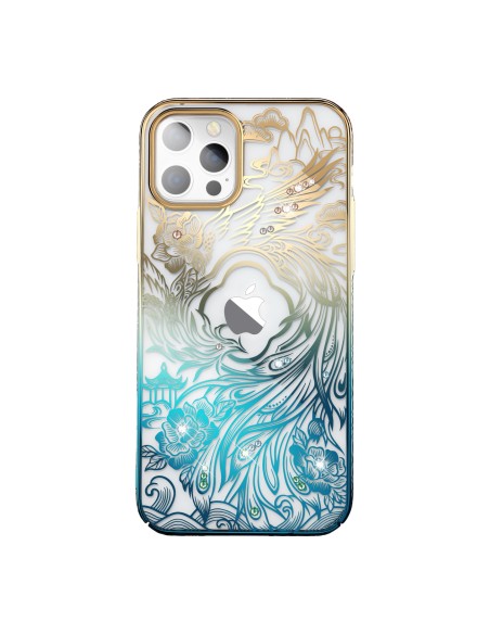 Prabangus iPhone 14 Pro dėklas su Kingxbar Phoenix kristalais – aukso ir mėlynos spalvos Prabangus iPhone 14 Pro dėklas su Kingxbar Phoenix kristalais – aukso ir mėlynos spalvos