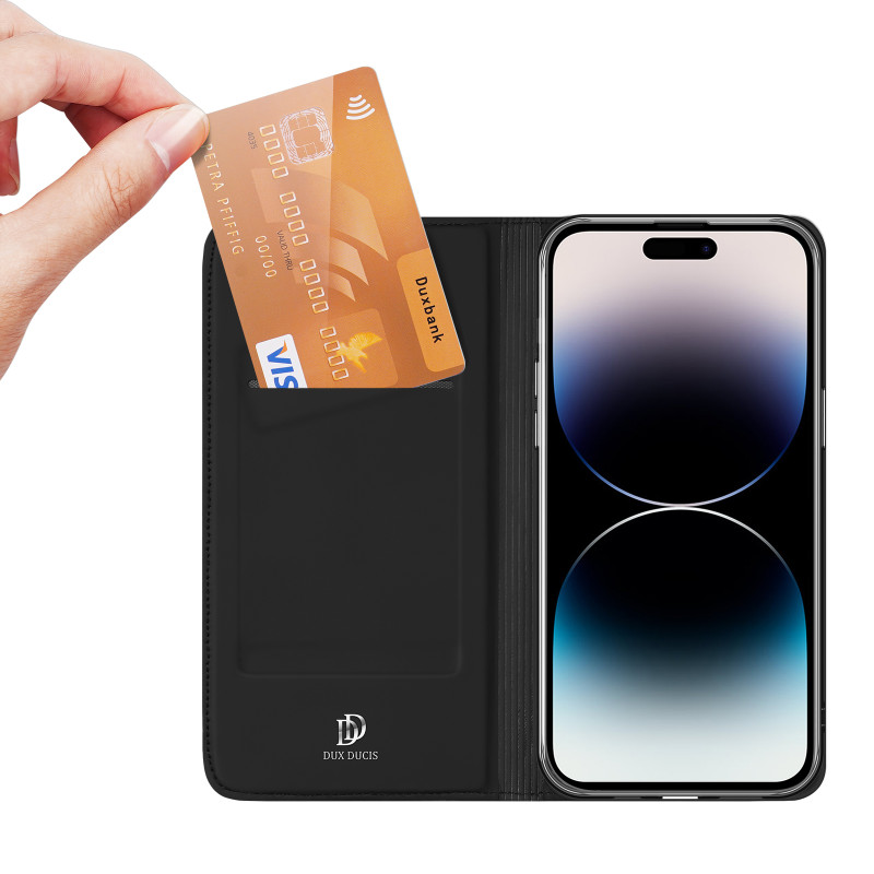 Dux Ducis Skin Pro iPhone 15 Pro Max dėklas su atvartu ir pinigine - juodos spalvos