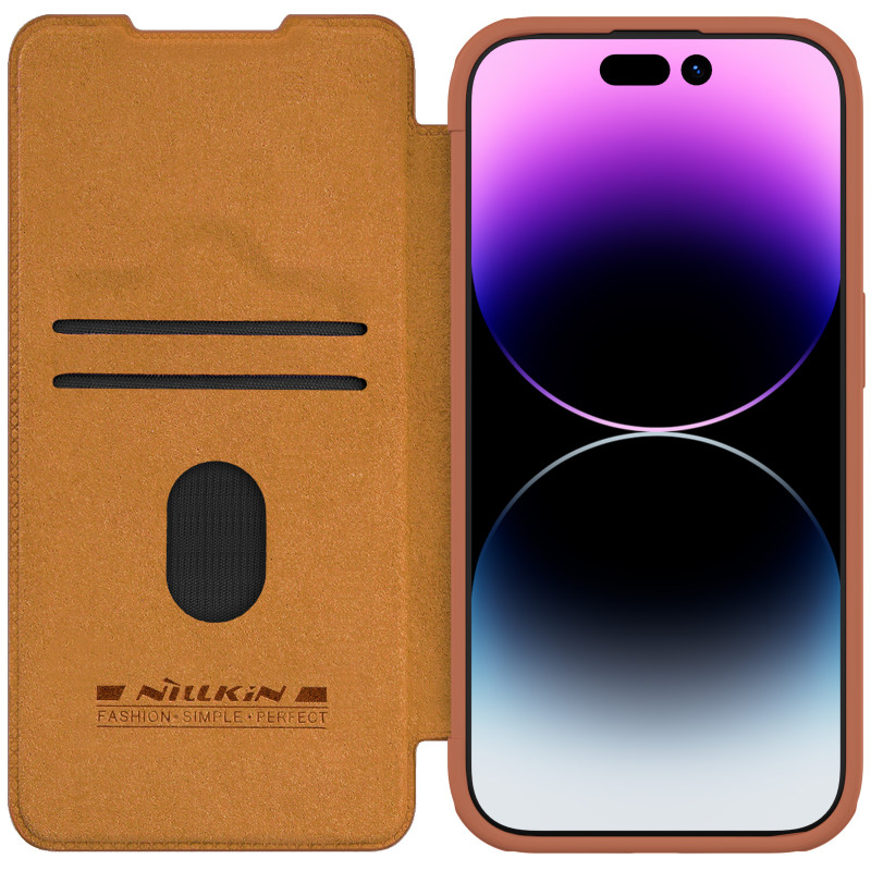 Odinis dėklas su fotoaparato dangteliu, skirtas iPhone 15 Pro Max Nillkin Qin Pro oda – ruda