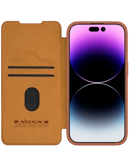 Odinis dėklas su fotoaparato dangteliu, skirtas iPhone 15 Pro Max Nillkin Qin Pro oda – ruda Odinis dėklas su fotoaparato dangteliu, skirtas iPhone 15 Pro Max Nillkin Qin Pro oda – ruda