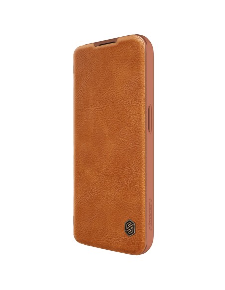 Odinis dėklas su fotoaparato dangteliu, skirtas iPhone 15 Pro Max Nillkin Qin Pro oda – ruda Odinis dėklas su fotoaparato dangteliu, skirtas iPhone 15 Pro Max Nillkin Qin Pro oda – ruda