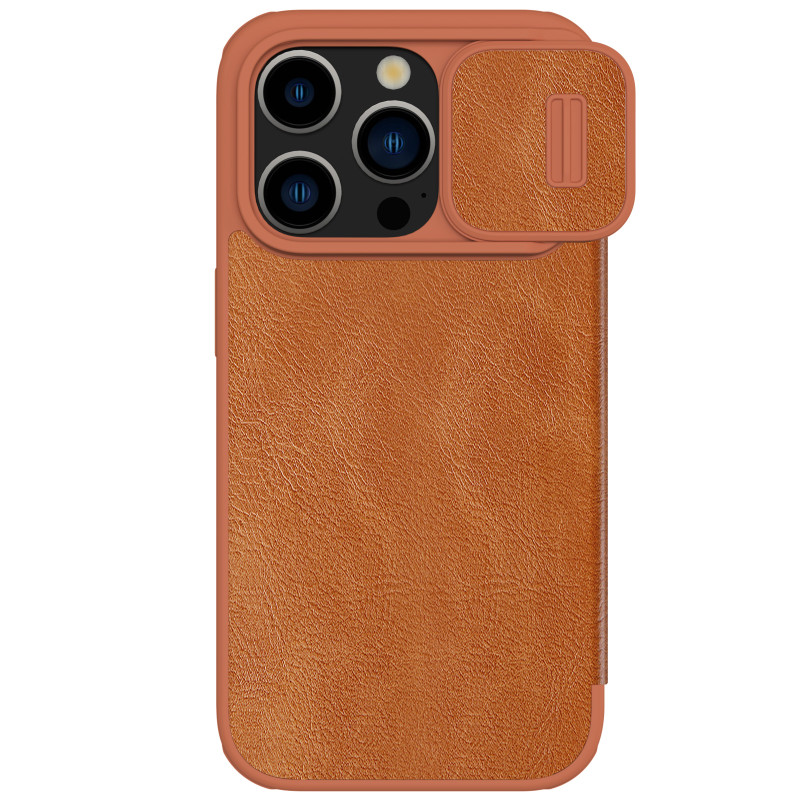 Odinis dėklas su fotoaparato dangteliu, skirtas iPhone 15 Pro Max Nillkin Qin Pro oda – ruda
