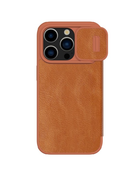 Odinis dėklas su fotoaparato dangteliu, skirtas iPhone 15 Pro Max Nillkin Qin Pro oda – ruda Odinis dėklas su fotoaparato dangteliu, skirtas iPhone 15 Pro Max Nillkin Qin Pro oda – ruda
