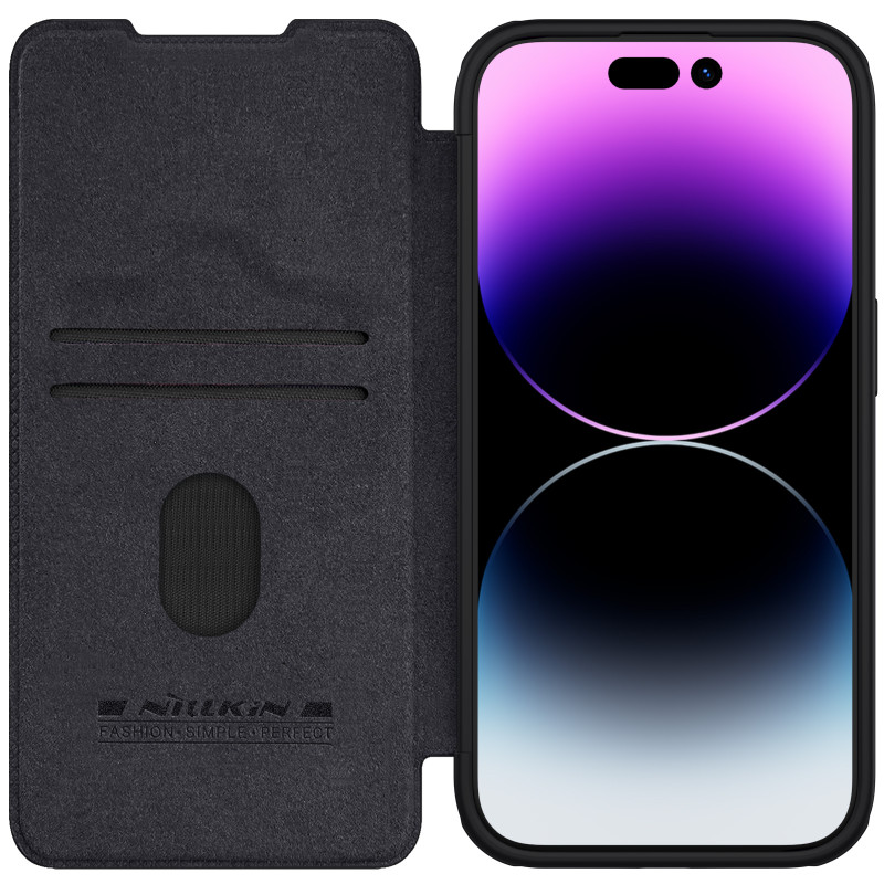 Nillkin Qin Pro odinis atverčiamas dėklas su fotoaparato dangteliu, skirtas iPhone 15 Pro – juodas Nillkin Qin Pro odinis atverčiamas dėklas su fotoaparato dangteliu, skirtas iPhone 15 Pro – juodas