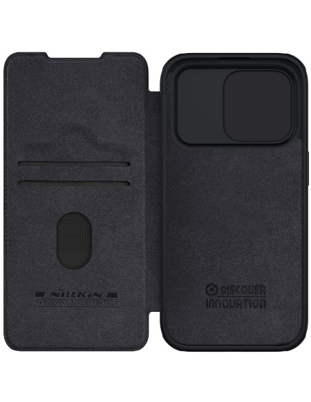 Nillkin Qin Pro odinis atverčiamas dėklas su fotoaparato dangteliu, skirtas iPhone 15 Pro – juodas Nillkin Qin Pro odinis atverčiamas dėklas su fotoaparato dangteliu, skirtas iPhone 15 Pro – juodas