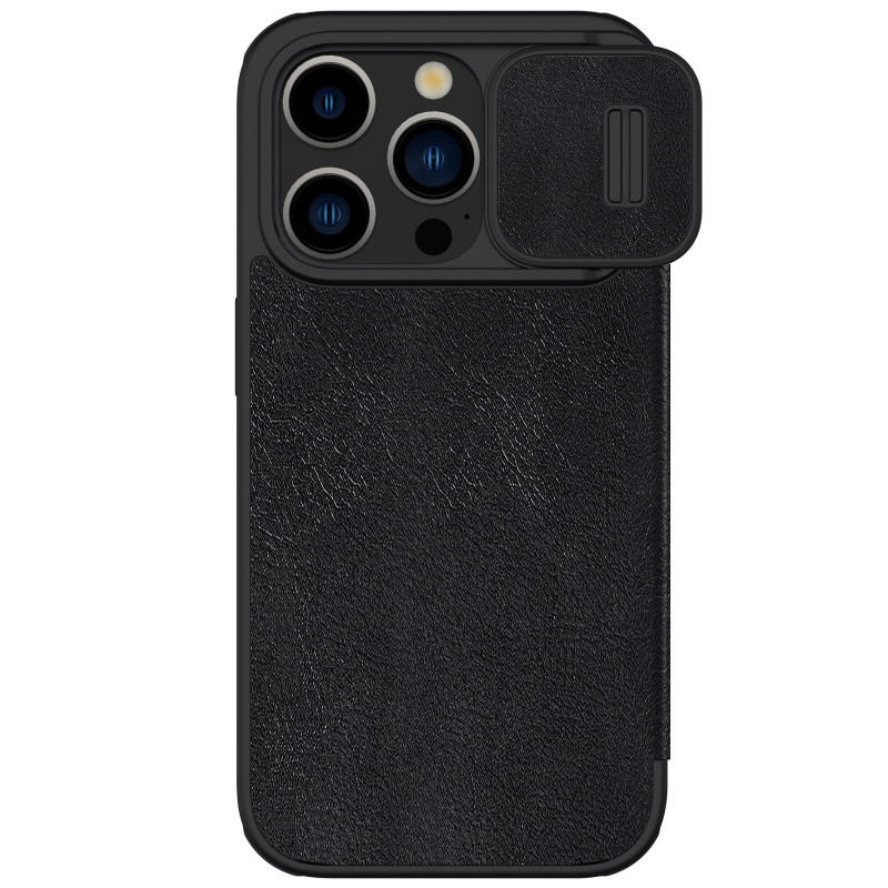 Nillkin Qin Pro odinis atverčiamas dėklas su fotoaparato dangteliu, skirtas iPhone 15 Pro – juodas