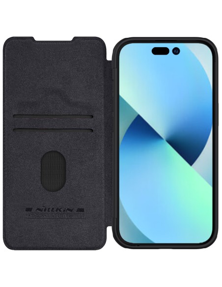 Nillkin Qin Pro odinis atverčiamas dėklas, skirtas iPhone 15 su fotoaparato apsauga – juodas Nillkin Qin Pro odinis atverčiamas dėklas, skirtas iPhone 15 su fotoaparato apsauga – juodas