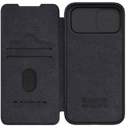 Nillkin Qin Pro odinis atverčiamas dėklas, skirtas iPhone 15 su fotoaparato apsauga – juodas