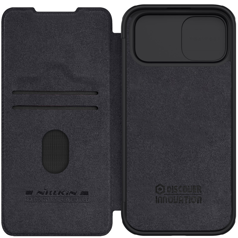 Nillkin Qin Pro odinis atverčiamas dėklas, skirtas iPhone 15 su fotoaparato apsauga – juodas