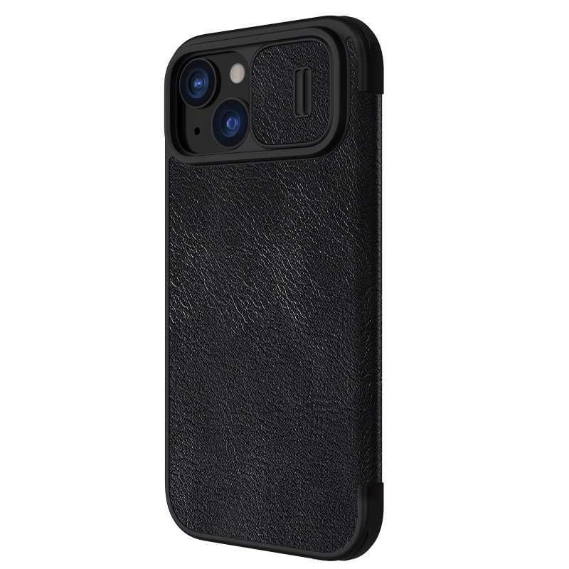 Nillkin Qin Pro odinis atverčiamas dėklas, skirtas iPhone 15 su fotoaparato apsauga – juodas