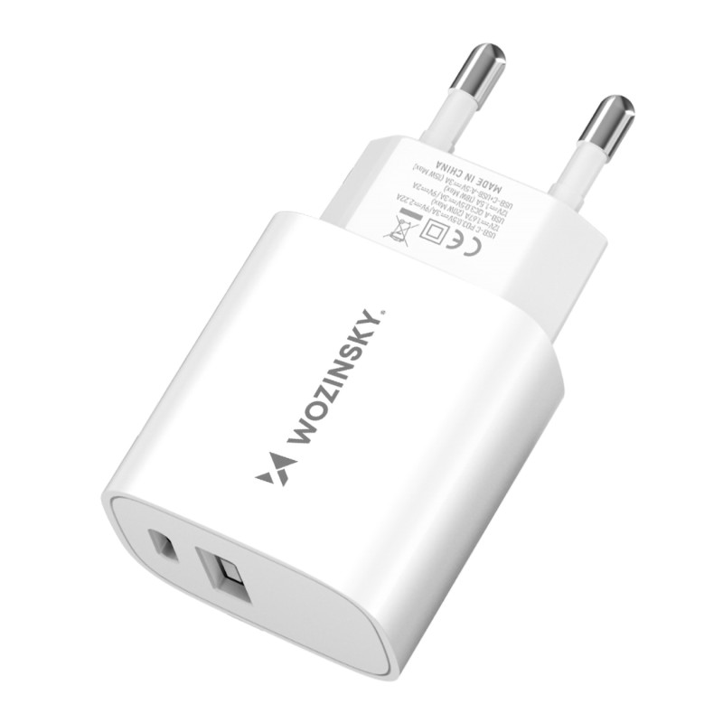 Wozinsky WGWCW USB-A USB-C 20W sieninis įkroviklis - baltas Wozinsky WGWCW USB-A USB-C 20W sieninis įkroviklis - baltas