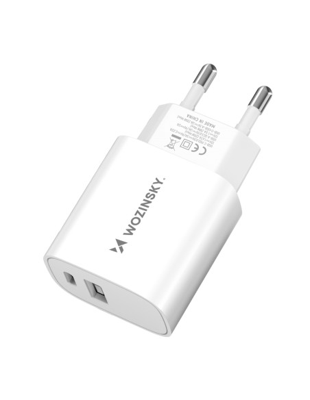 Wozinsky WGWCW USB-A USB-C 20W sieninis įkroviklis - baltas Wozinsky WGWCW USB-A USB-C 20W sieninis įkroviklis - baltas