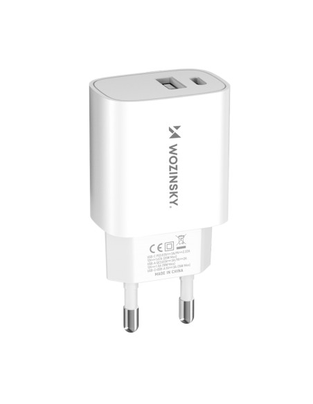 Wozinsky WGWCW USB-A USB-C 20W sieninis įkroviklis - baltas Wozinsky WGWCW USB-A USB-C 20W sieninis įkroviklis - baltas