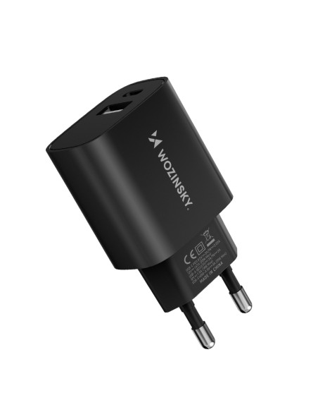 Wozinsky WGWCB USB-A USB-C 20W sieninis įkroviklis - juodas Wozinsky WGWCB USB-A USB-C 20W sieninis įkroviklis - juodas