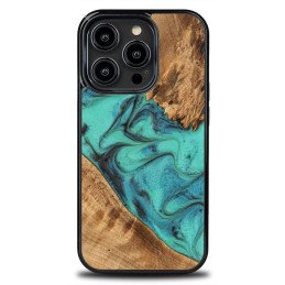 Medinis ir dervos dėklas skirtas iPhone 14 Pro Bewood Unique Turquoise - turkis ir juodas