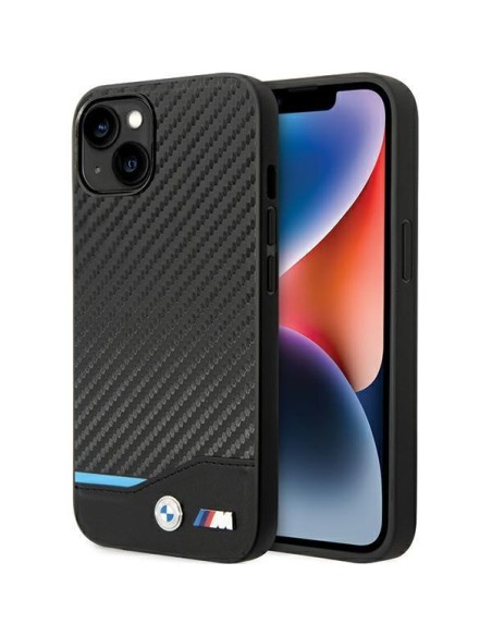 BMW Leather Carbon dėklas iPhone 13 - juodas BMW Leather Carbon dėklas iPhone 13 - juodas