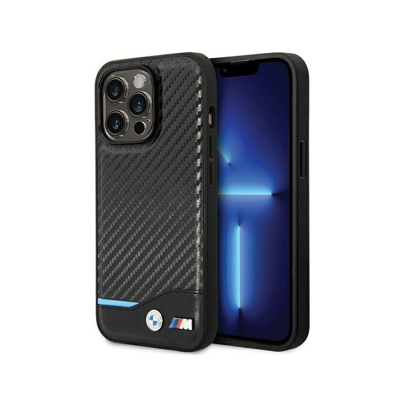 BMW Leather Carbon dėklas iPhone 13 Pro Max - juodas BMW Leather Carbon dėklas iPhone 13 Pro Max - juodas