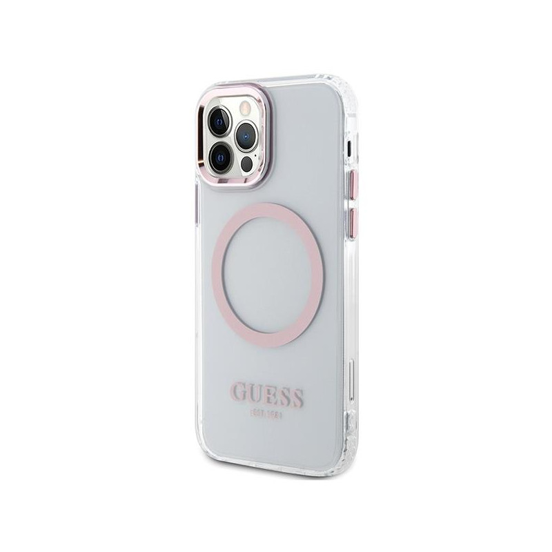 Guess Metal Outline Magsafe dėklas, skirtas iPhone 12 / iPhone 12 Pro - rožinis