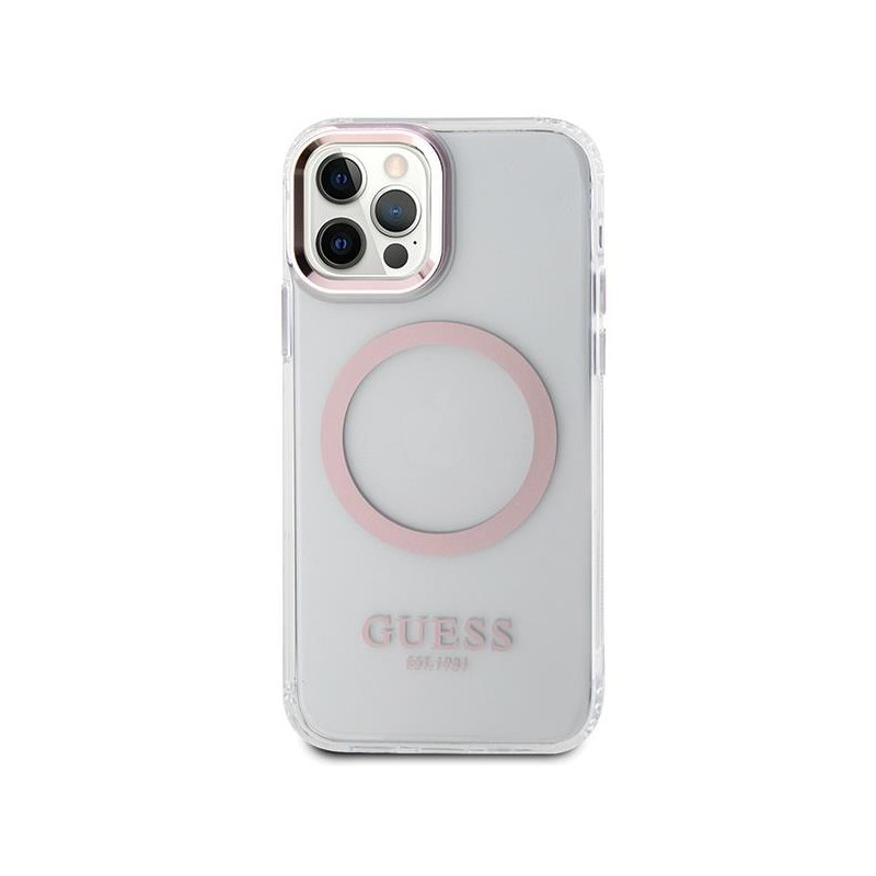 Guess Metal Outline Magsafe dėklas, skirtas iPhone 12 / iPhone 12 Pro - rožinis