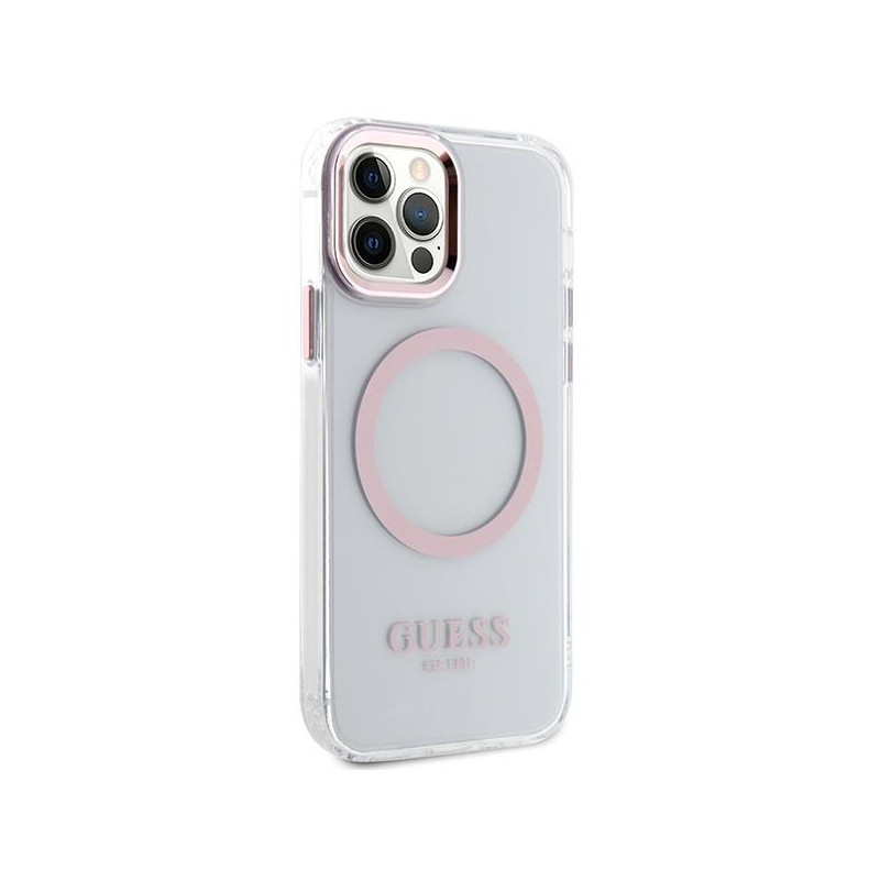 Guess Metal Outline Magsafe dėklas, skirtas iPhone 12 / iPhone 12 Pro - rožinis