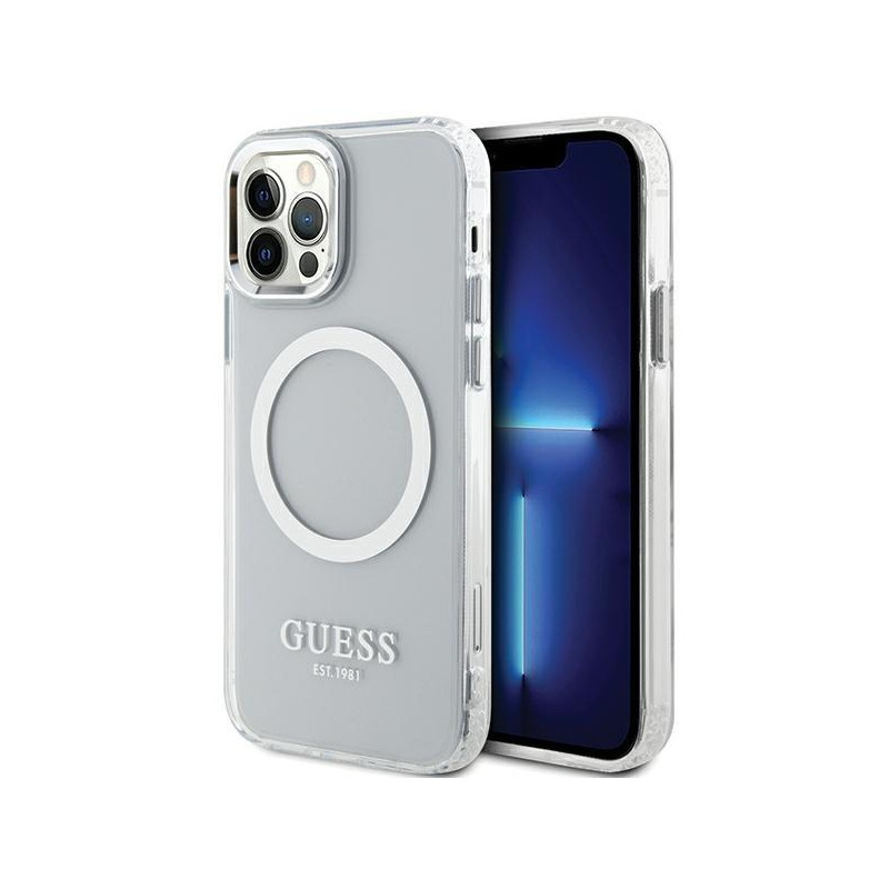 Guess Metal Outline Magsafe dėklas, skirtas iPhone 12 / iPhone 12 Pro - sidabrinis