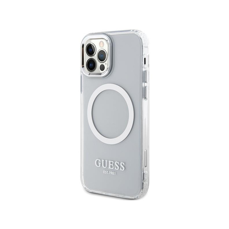 Guess Metal Outline Magsafe dėklas, skirtas iPhone 12 / iPhone 12 Pro - sidabrinis