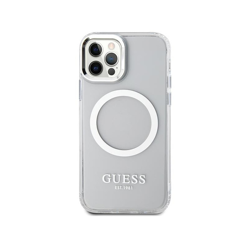 Guess Metal Outline Magsafe dėklas, skirtas iPhone 12 / iPhone 12 Pro - sidabrinis