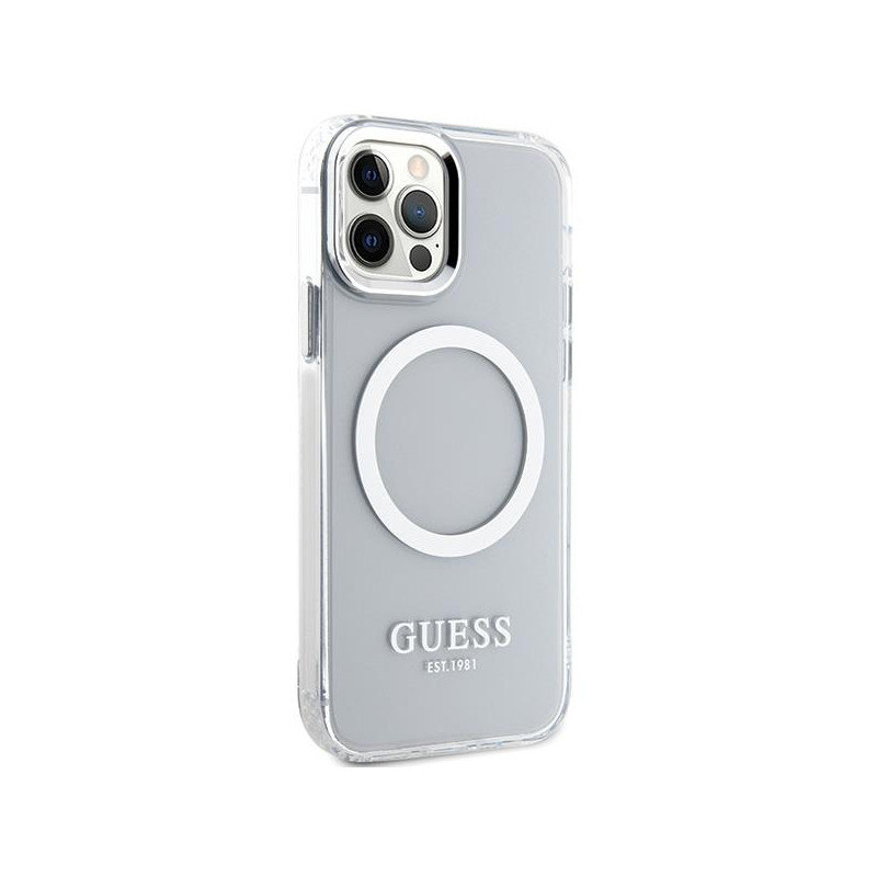 Guess Metal Outline Magsafe dėklas, skirtas iPhone 12 / iPhone 12 Pro - sidabrinis