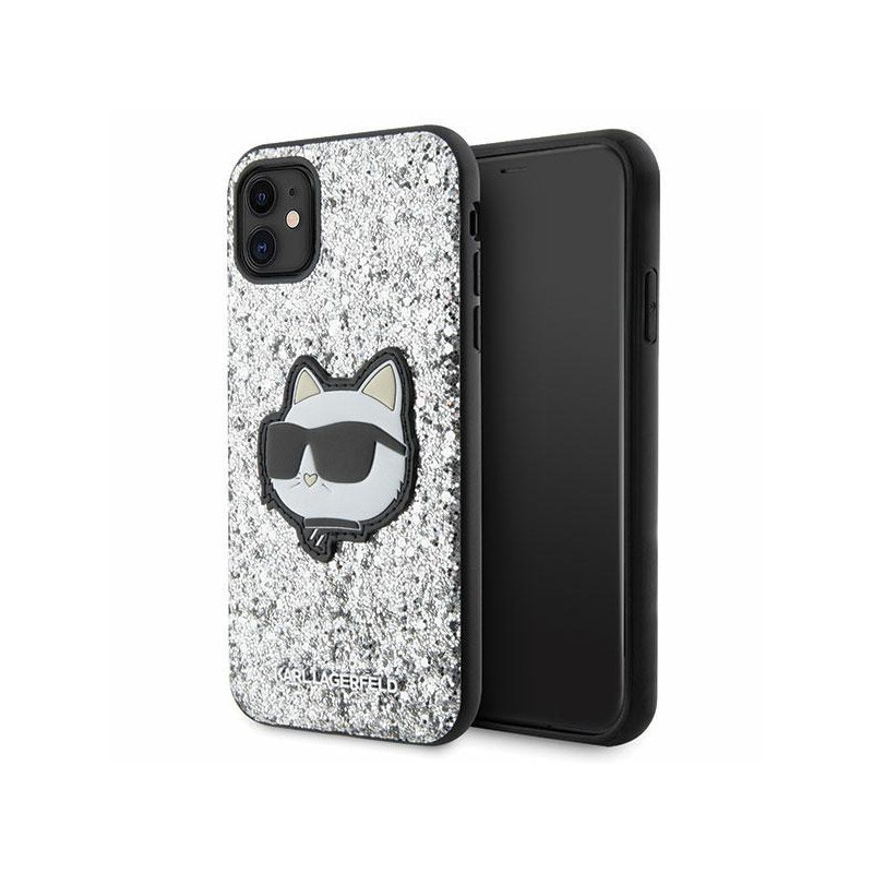 Karl Lagerfeld Glitter Choupette Patch dėklas, skirtas iPhone 11 / Xr - sidabrinis