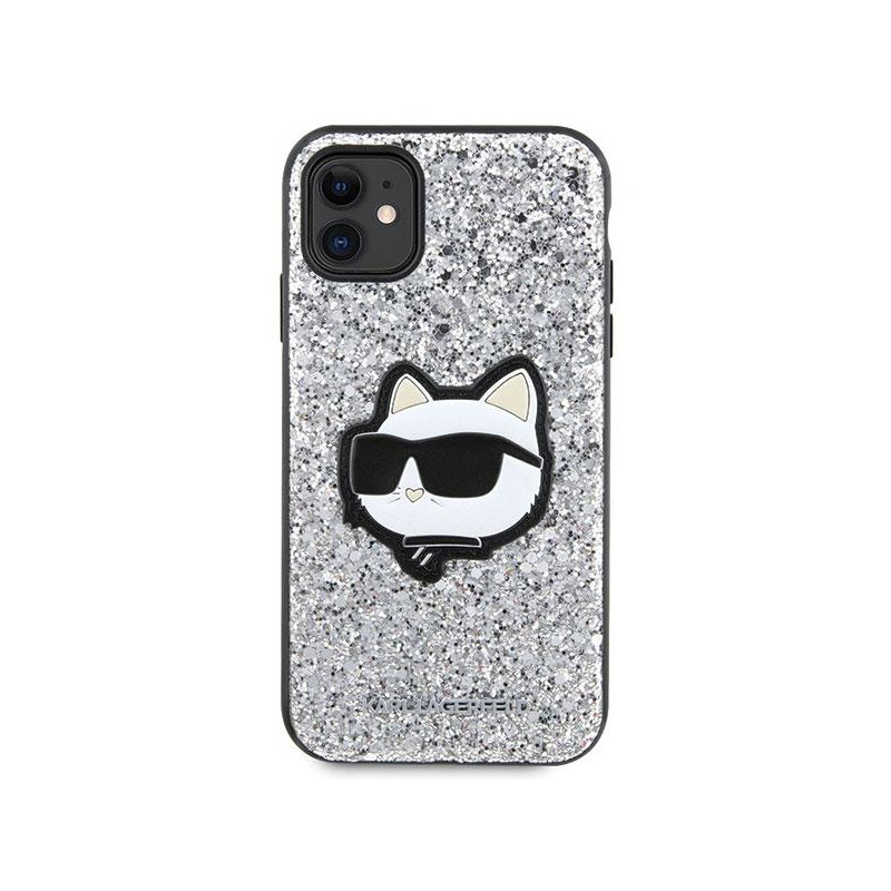 Karl Lagerfeld Glitter Choupette Patch dėklas, skirtas iPhone 11 / Xr - sidabrinis
