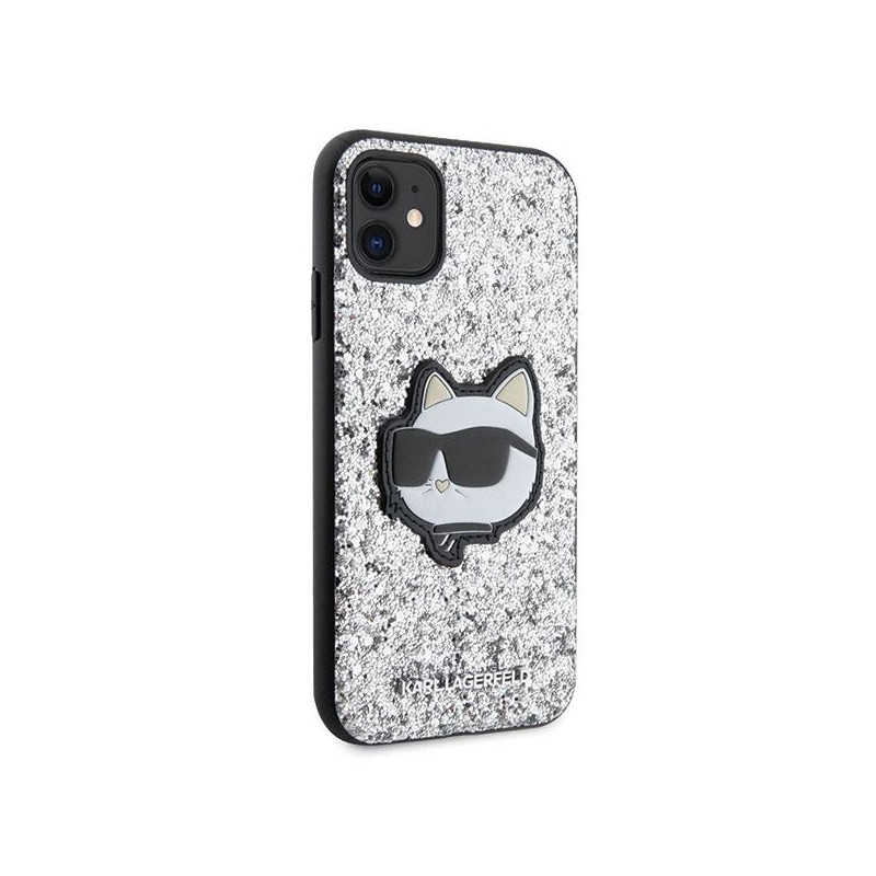 Karl Lagerfeld Glitter Choupette Patch dėklas, skirtas iPhone 11 / Xr - sidabrinis