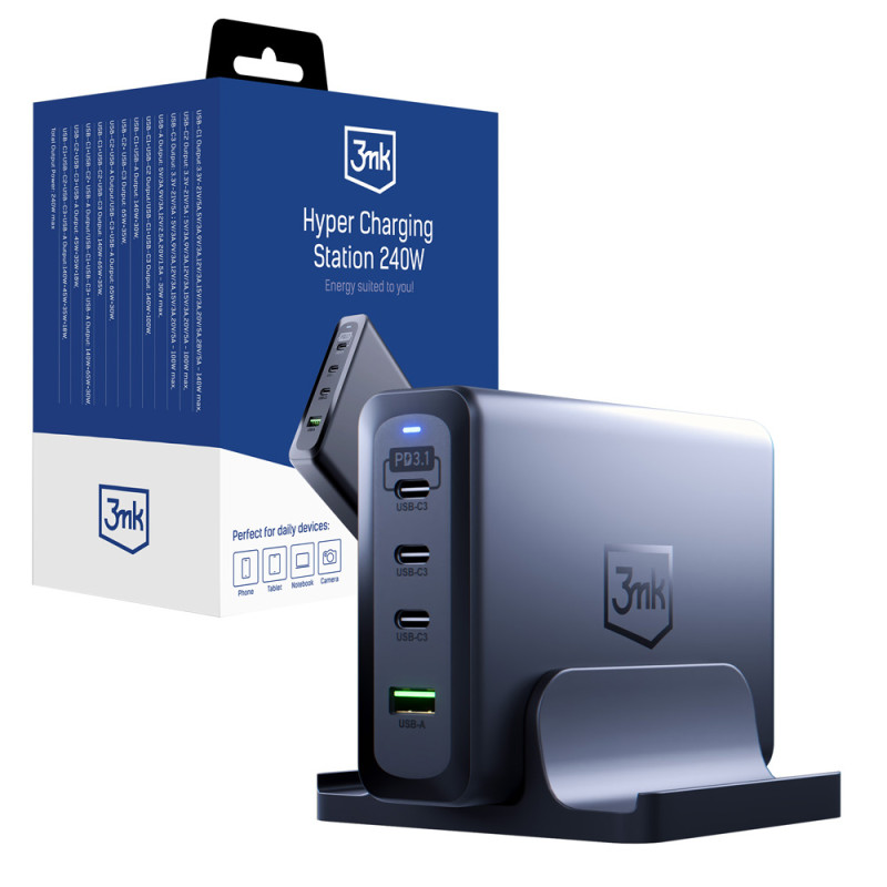 3mk Hyper įkrovimo stotis 240W 3x USB-C 1x USB-A - sidabrinė