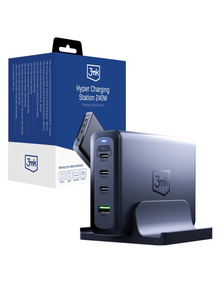 3mk Hyper įkrovimo stotis 240W 3x USB-C 1x USB-A - sidabrinė 3mk Hyper įkrovimo stotis 240W 3x USB-C 1x USB-A - sidabrinė
