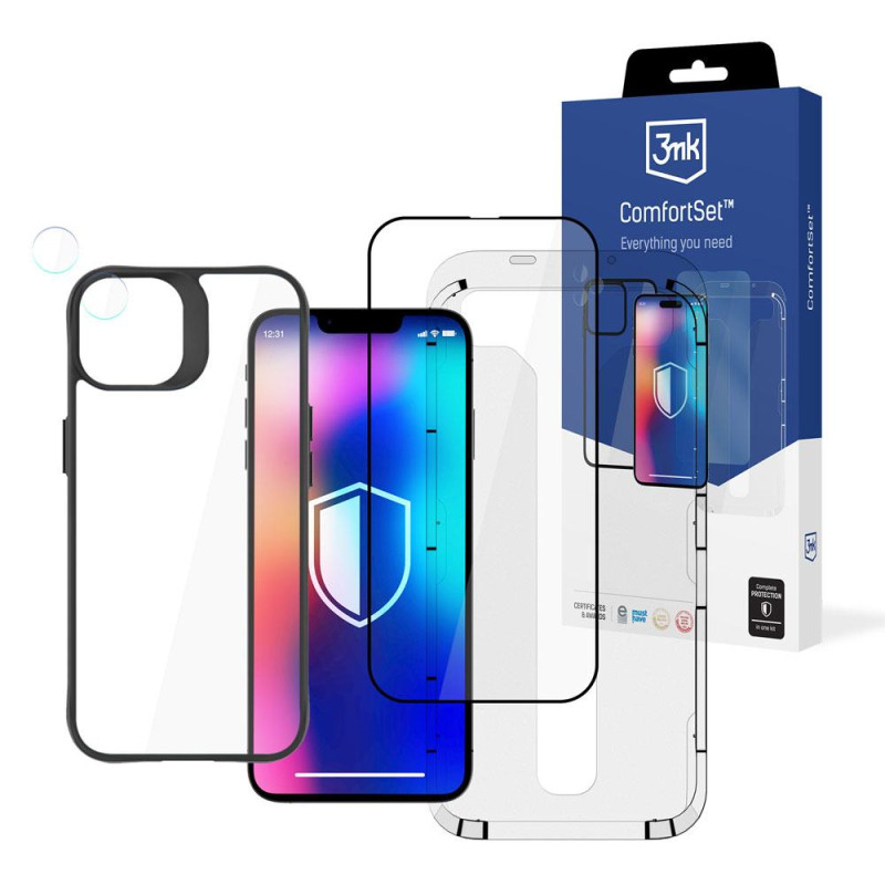 3mk Comfort Set 4 in 1, skirtas iPhone 14 – dėklas, 2x stiklas, aplikacijos rėmelis 3mk Comfort Set 4 in 1, skirtas iPhone 14 – dėklas, 2x stiklas, aplikacijos rėmelis