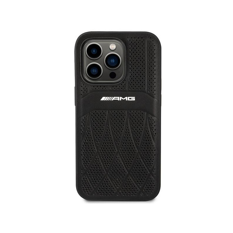 AMG Leather Curved Lines MagSafe dėklas iPhone 14 Pro - juodas